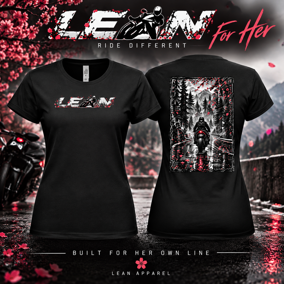 Lean Cherry B For Her black fitted motorcycle t-shirt, front logo and cherry-blossom rider artwork