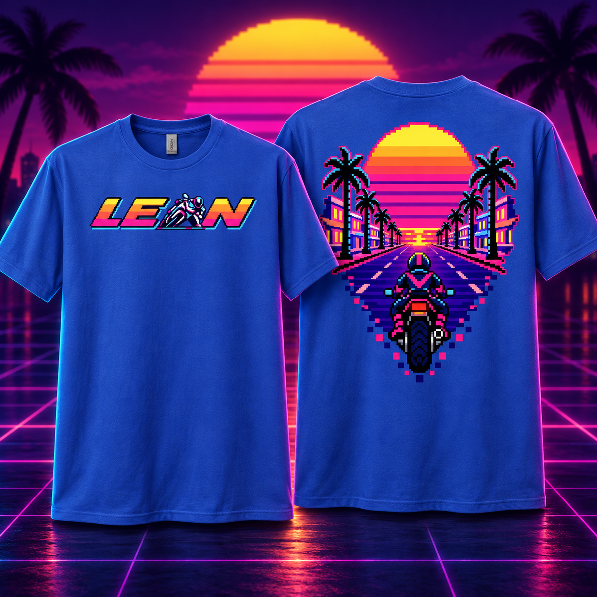 8 bit lean tee in royal blue, front logo and pixel-art motorcycle sunset on the back