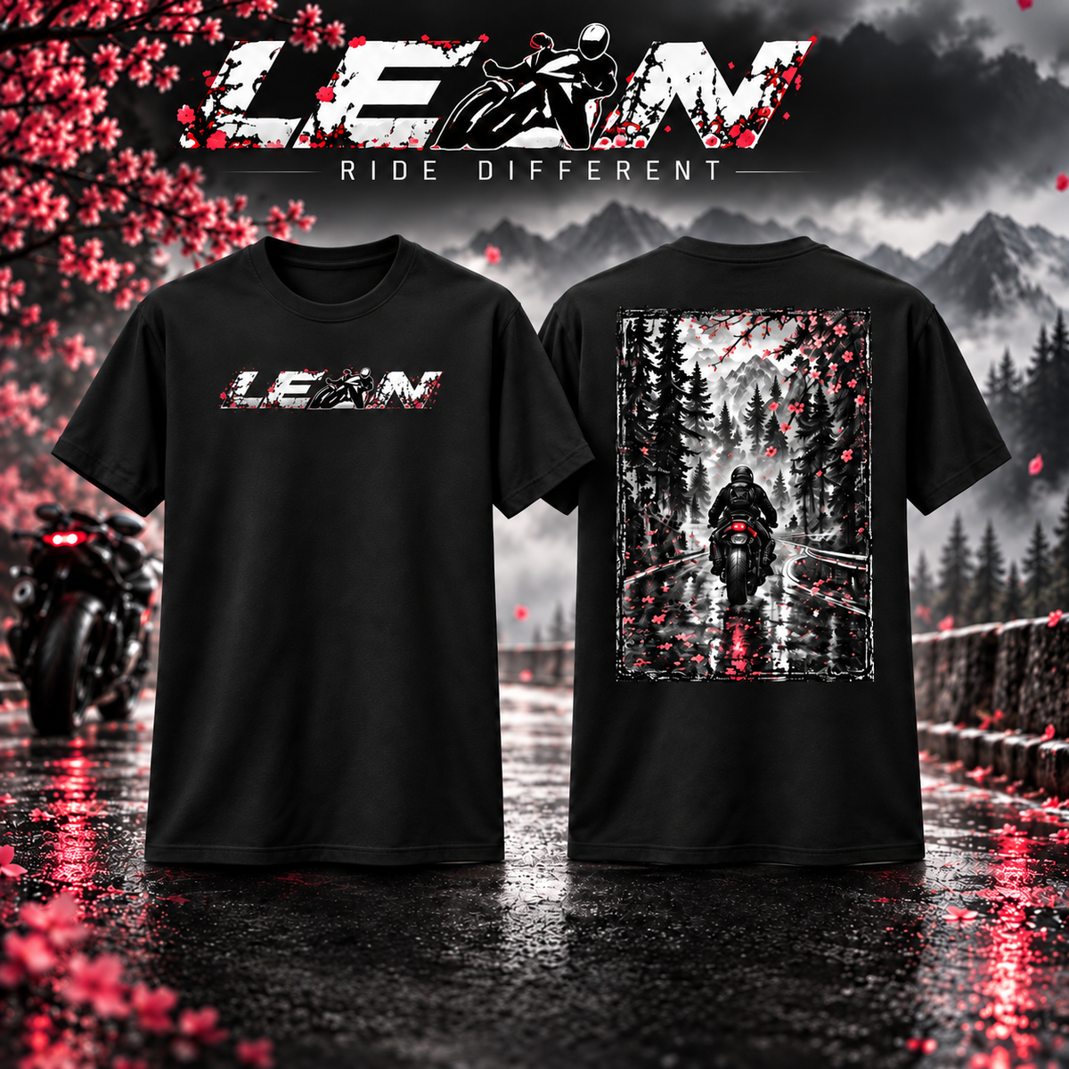 Lean Cherry B Tall black motorcycle t-shirt, front logo and cherry-blossom rider artwork on the back