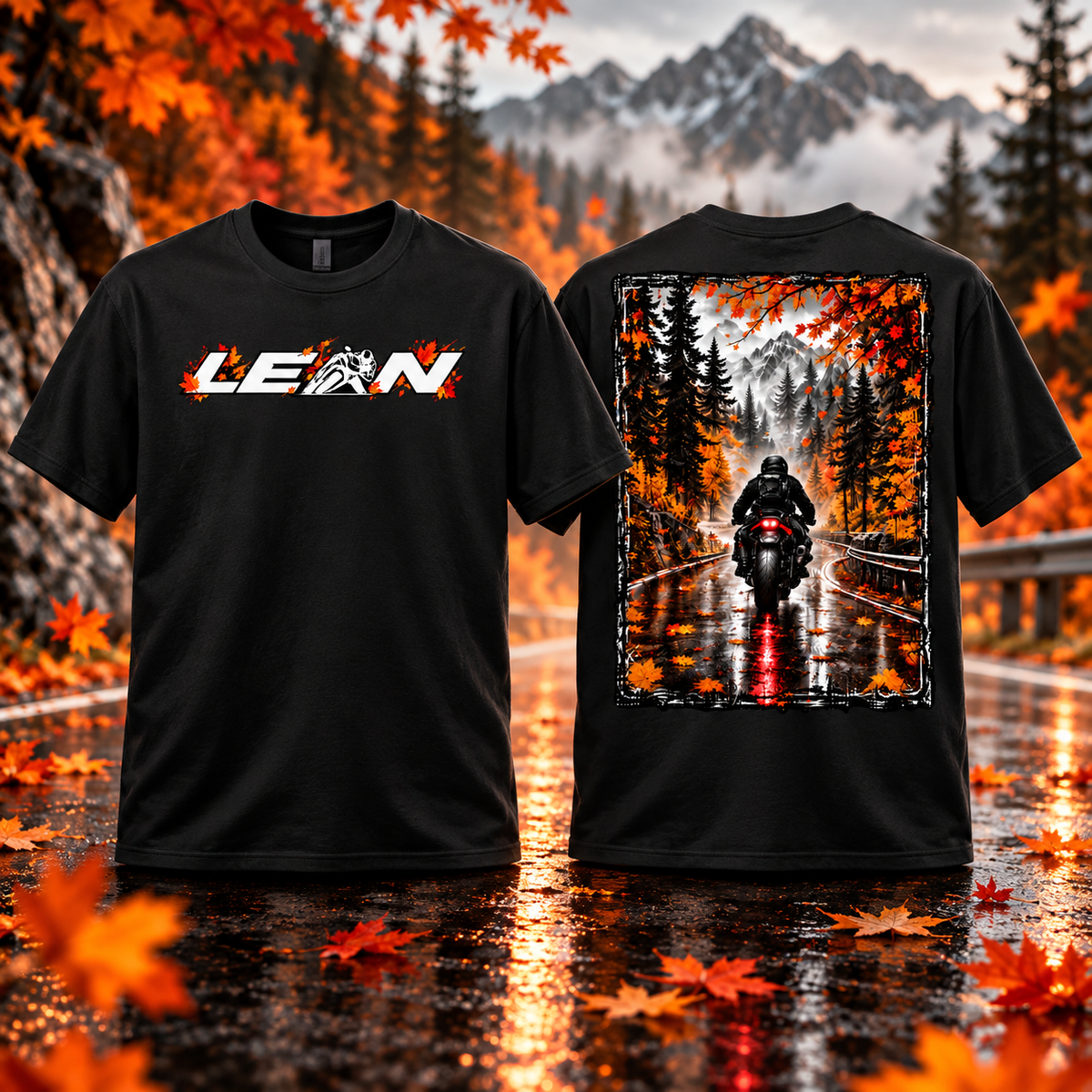 Lean Not Fall - Tall black motorcycle t-shirt, front logo and autumn mountain-road rider artwork