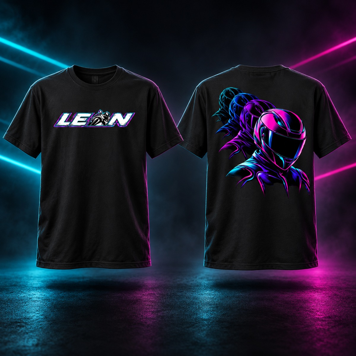Lean Neon 80s black tall motorcycle t-shirt, front logo and neon helmet back artwork
