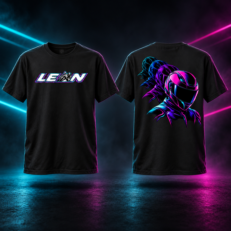 Lean Neon 80s black tall motorcycle t-shirt, front logo and neon helmet back artwork