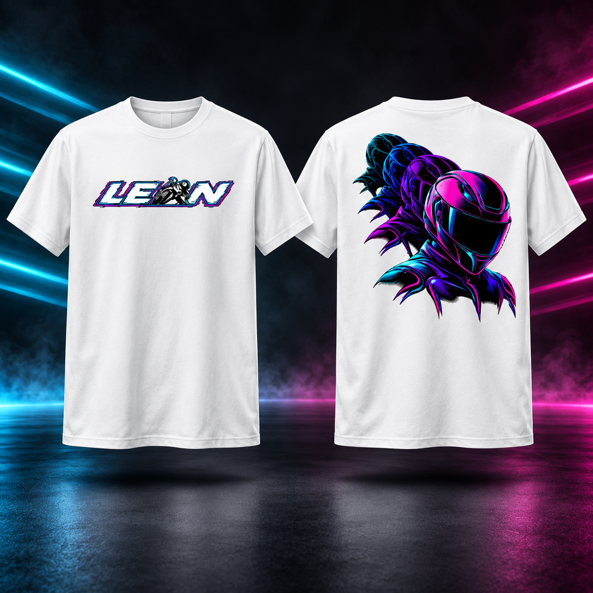 Lean Neon 80s white tall motorcycle t-shirt, front logo and neon helmet back artwork