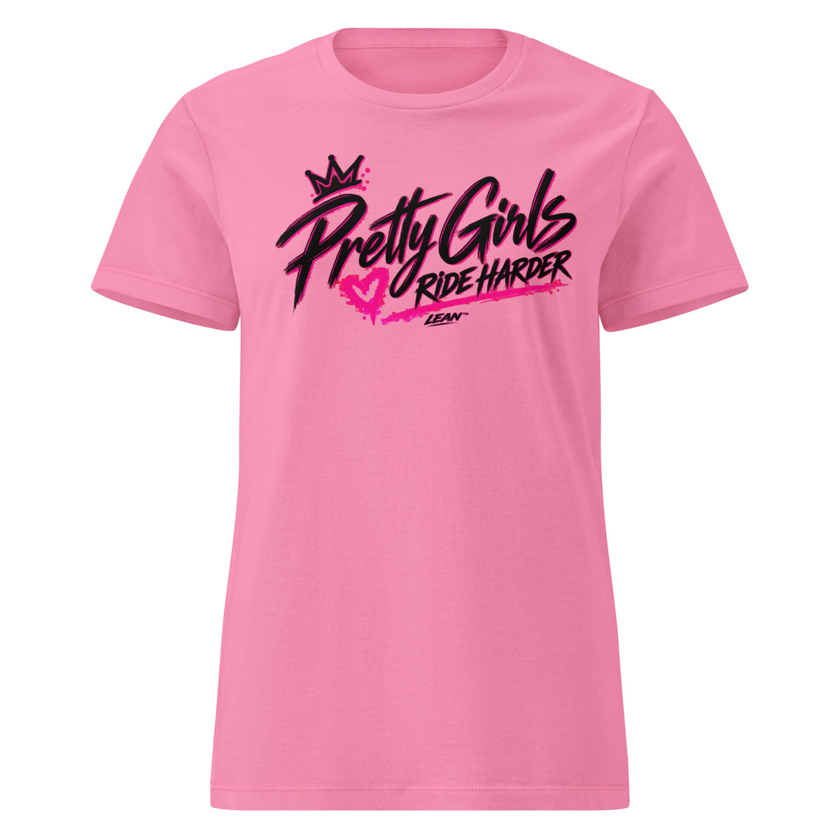Pretty Girls by LEAN pink women's motorcycle t-shirt, front with Ride Harder lettering and crown